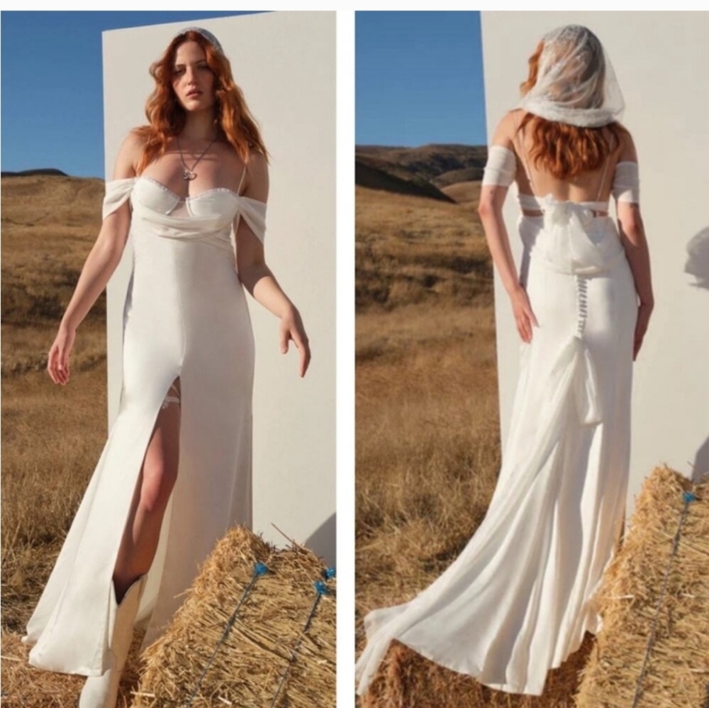 For Love & Lemons Cora White Off-Shoulder Slit Bridal Gown- Beach Wedding!
